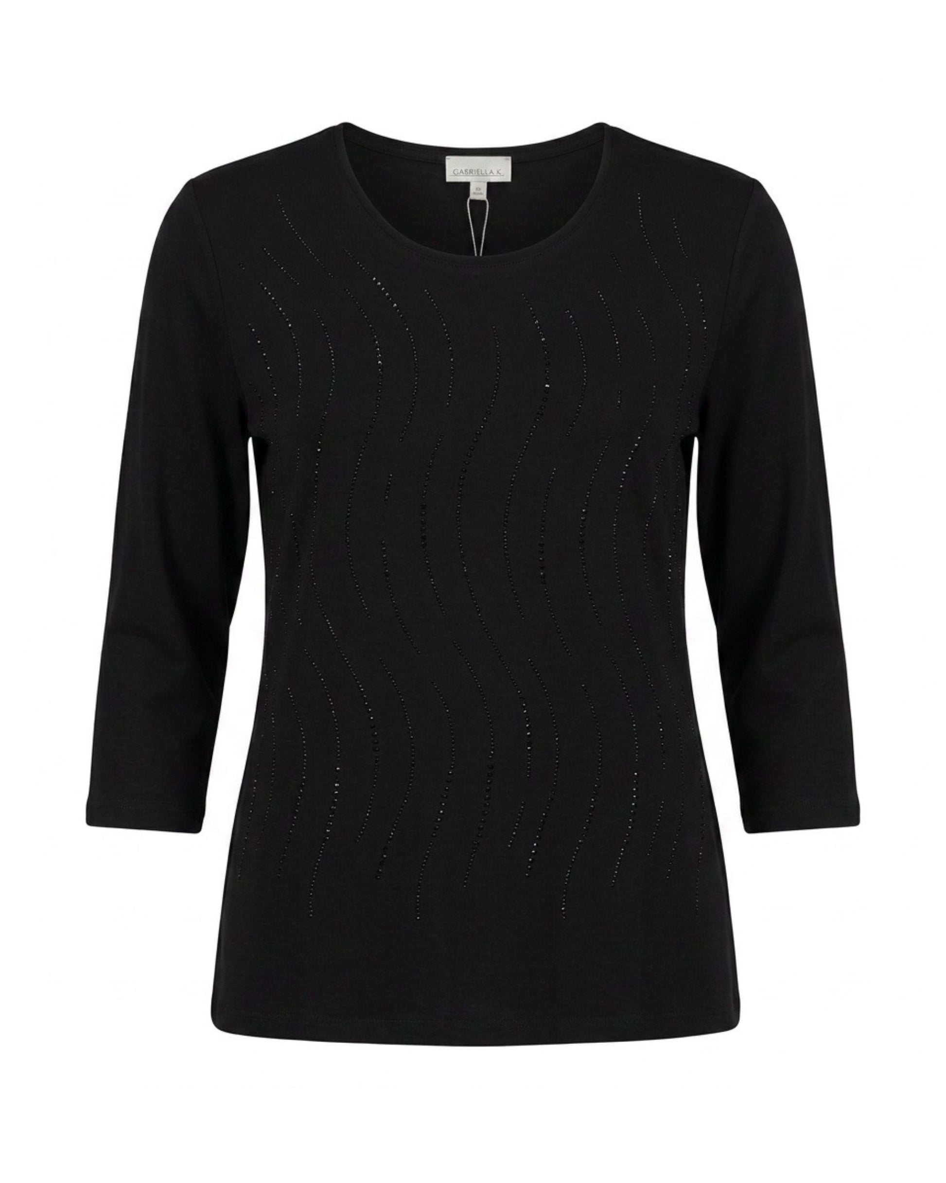 Gabriella K. luxe shirt met ronde hals, driekwartmouwen en strassteentjes in zwart of beige, verkrijgbaar bij Marijke Mode.