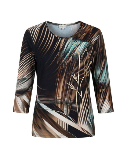 Gabriella K. shirt met ronde hals, lange mouwen en luxe bladprint in zwart, bruin, goud en groen, verkrijgbaar bij Marijke Mode.