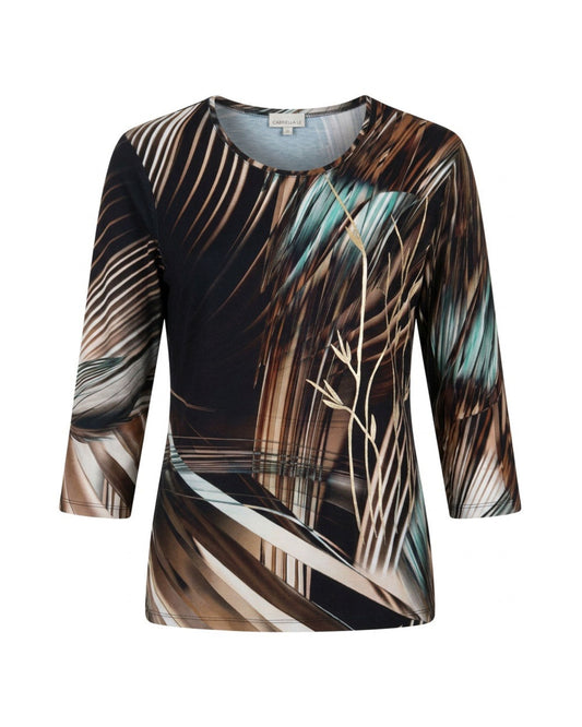 Gabriella K. shirt met ronde hals, lange mouwen en luxe bladprint in zwart, bruin, goud en groen, verkrijgbaar bij Marijke Mode.