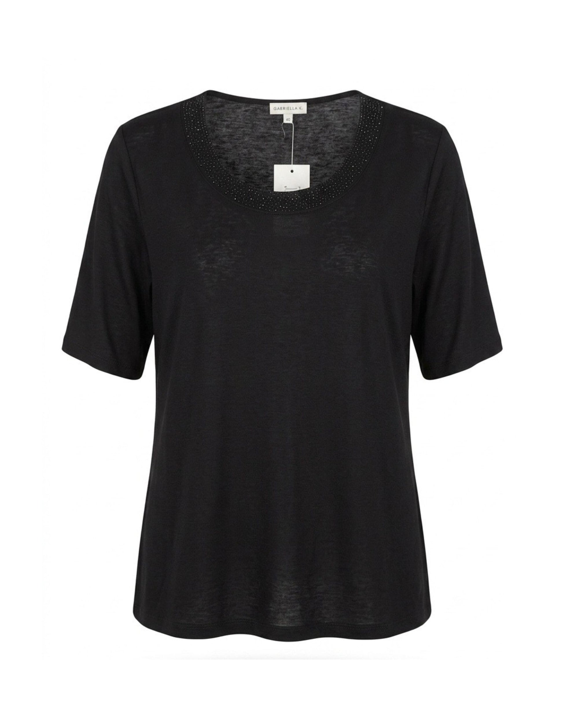 Gabriella K. Uni Shirt Subtiele Strass Ronde Hals Zwart