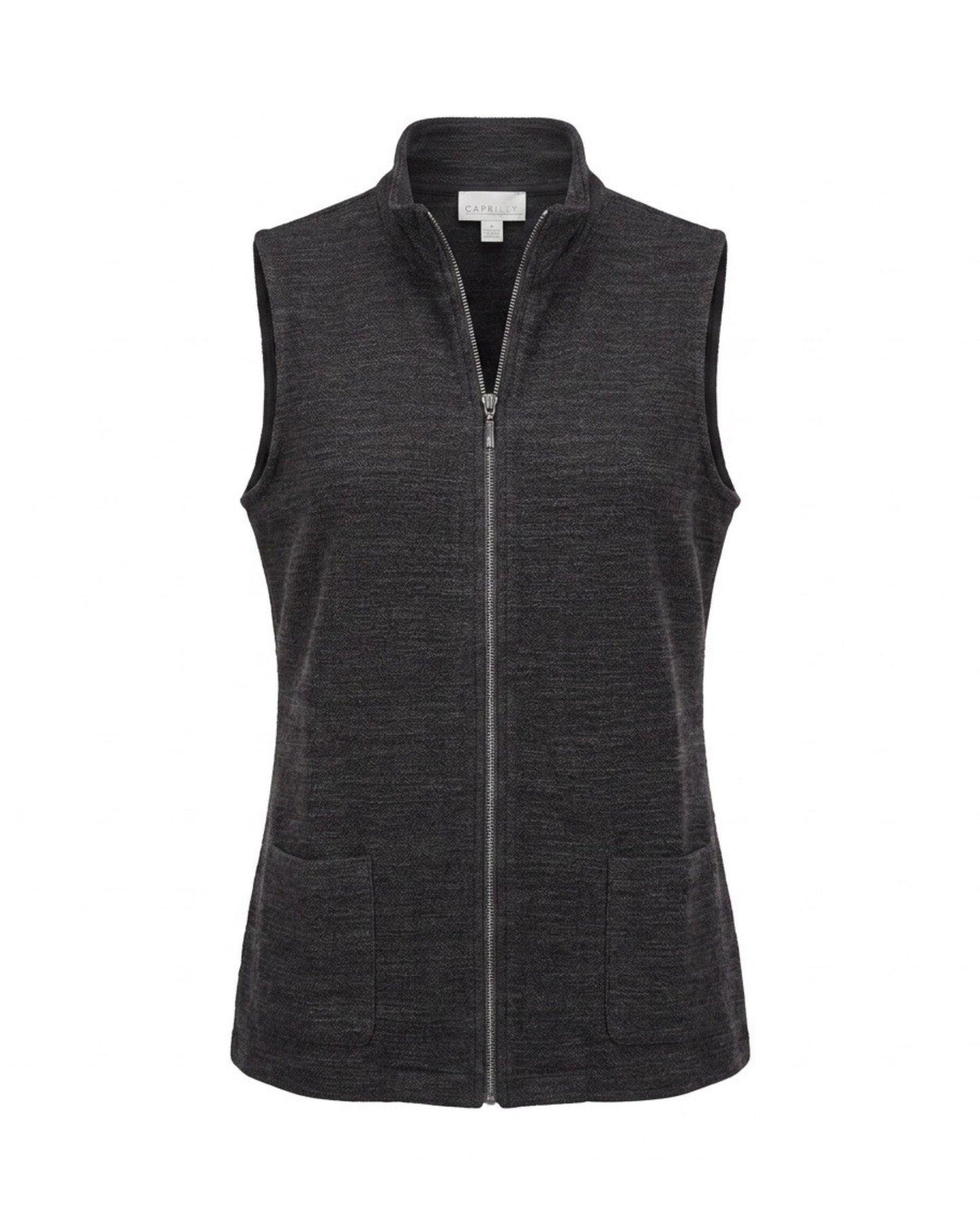Gabriella K sportief damesgilet met opstaande kraag, ritssluiting en zakken, verkrijgbaar in donkerblauw, zwart en bruin melé bij Marijke Mode.