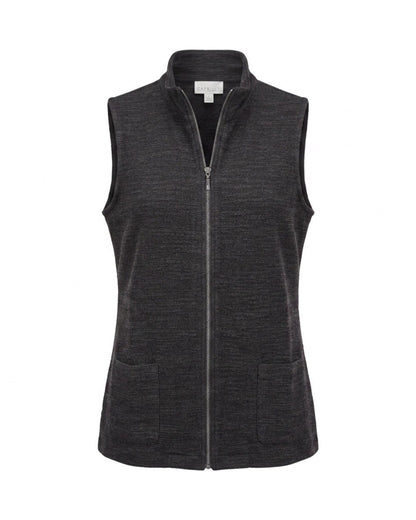 Gabriella K sportief damesgilet met opstaande kraag, ritssluiting en zakken, verkrijgbaar in donkerblauw, zwart en bruin melé bij Marijke Mode.