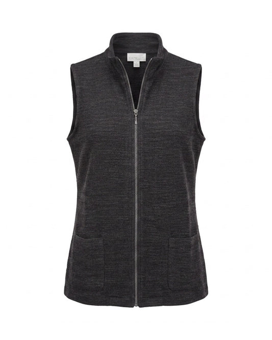 Gabriella K sportief damesgilet met opstaande kraag, ritssluiting en zakken, verkrijgbaar in donkerblauw, zwart en bruin melé bij Marijke Mode.
