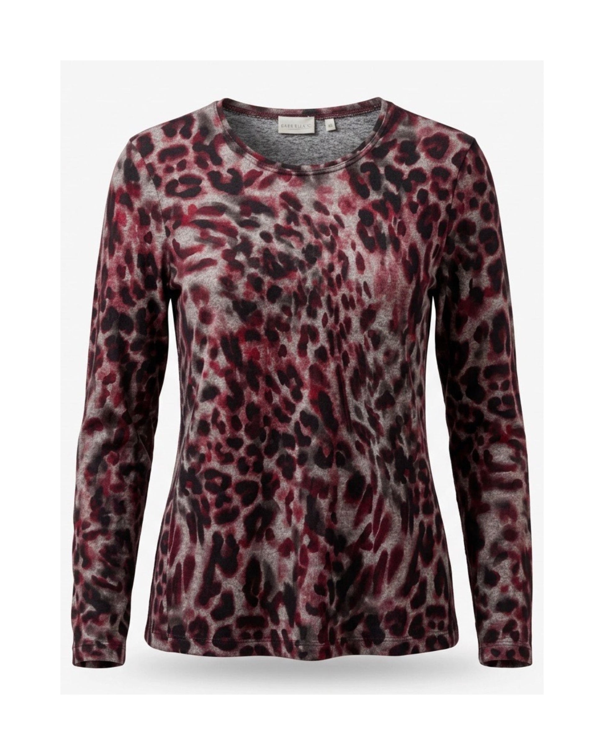 Gabrielle K. jersey shirt met dierenprint en lange mouwen in kobaltblauw of bordeauxrood, verkrijgbaar bij Marijke Mode.