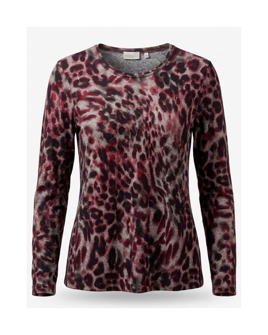 Gabrielle K. jersey shirt met dierenprint en lange mouwen in kobaltblauw of bordeauxrood, verkrijgbaar bij Marijke Mode.