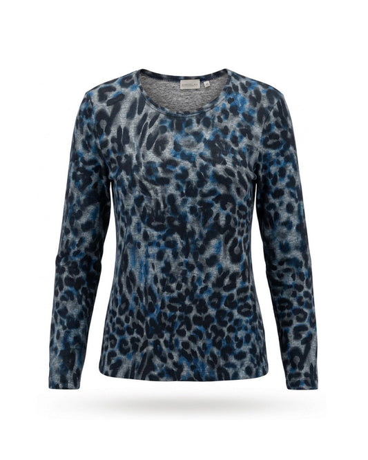 Gabrielle K. jersey shirt met dierenprint en lange mouwen in kobaltblauw of bordeauxrood, verkrijgbaar bij Marijke Mode.
