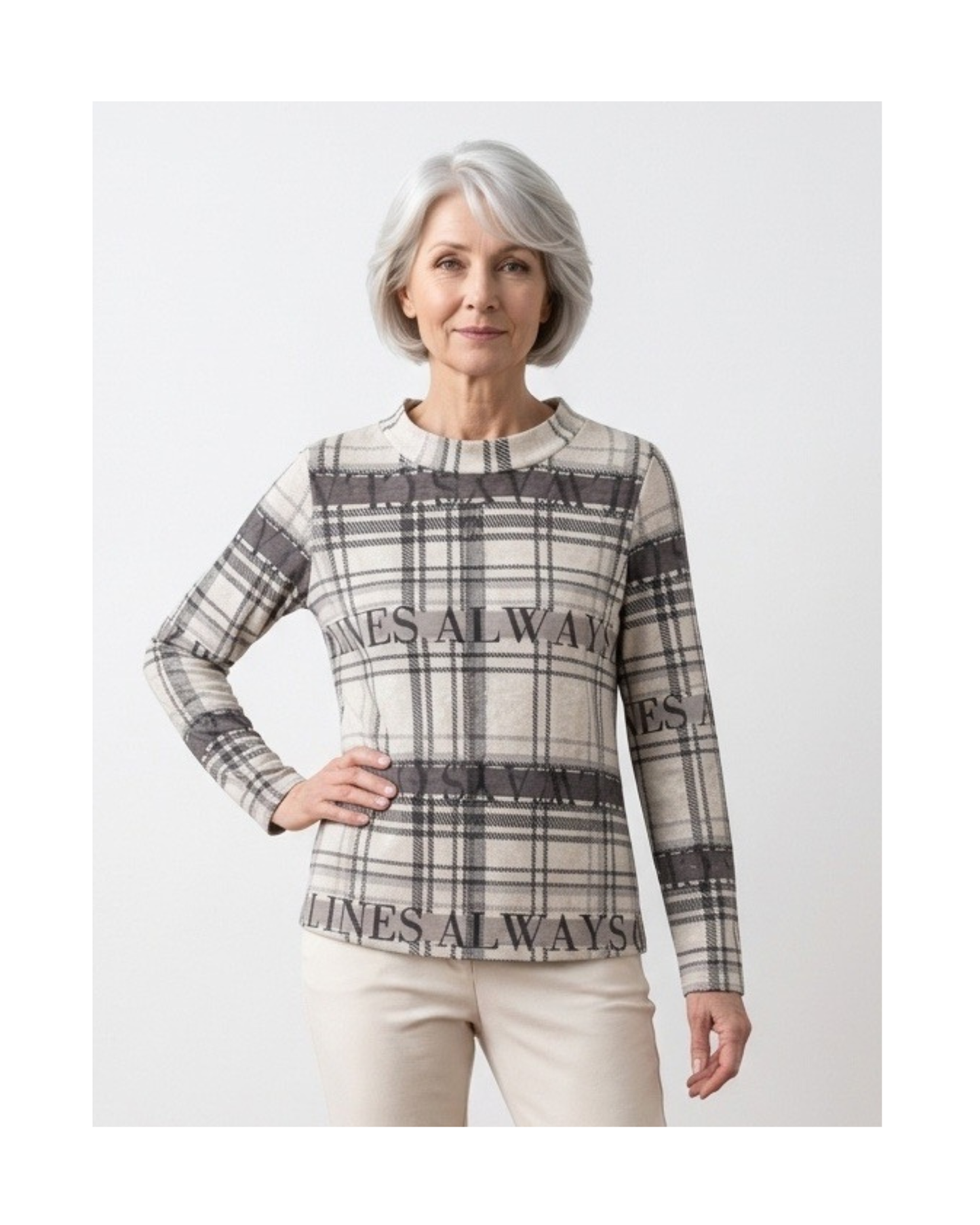 Gabriella K. zacht shirt met col en ruitprint in beige, zwart en grijs, verkrijgbaar bij Marijke Mode
