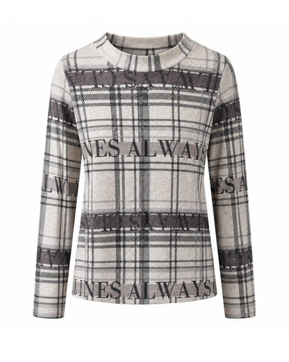 Gabriella K. zacht shirt met col en ruitprint in beige, zwart en grijs, verkrijgbaar bij Marijke Mode
