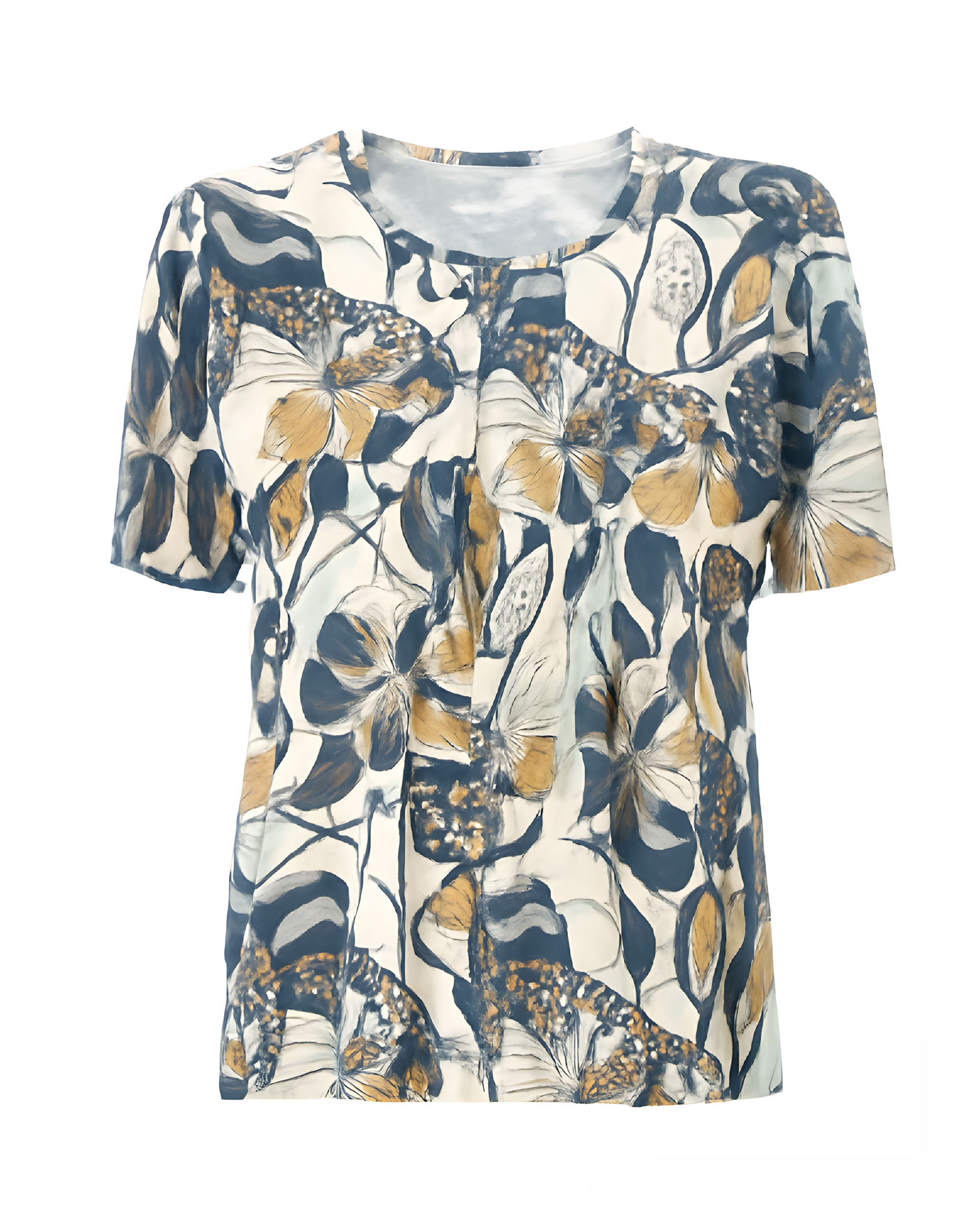 Blouson T-shirt met bloemenprint in beige, rafblauw en camel van Gabrielle K. – verkocht door Marijke Mode