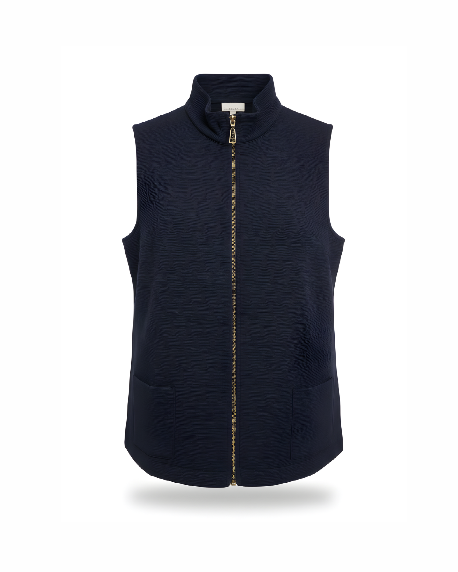 Donkerblauw relief gilet met rits en opstaande kraag van Gabriele K. – verkocht door Marijke Mode