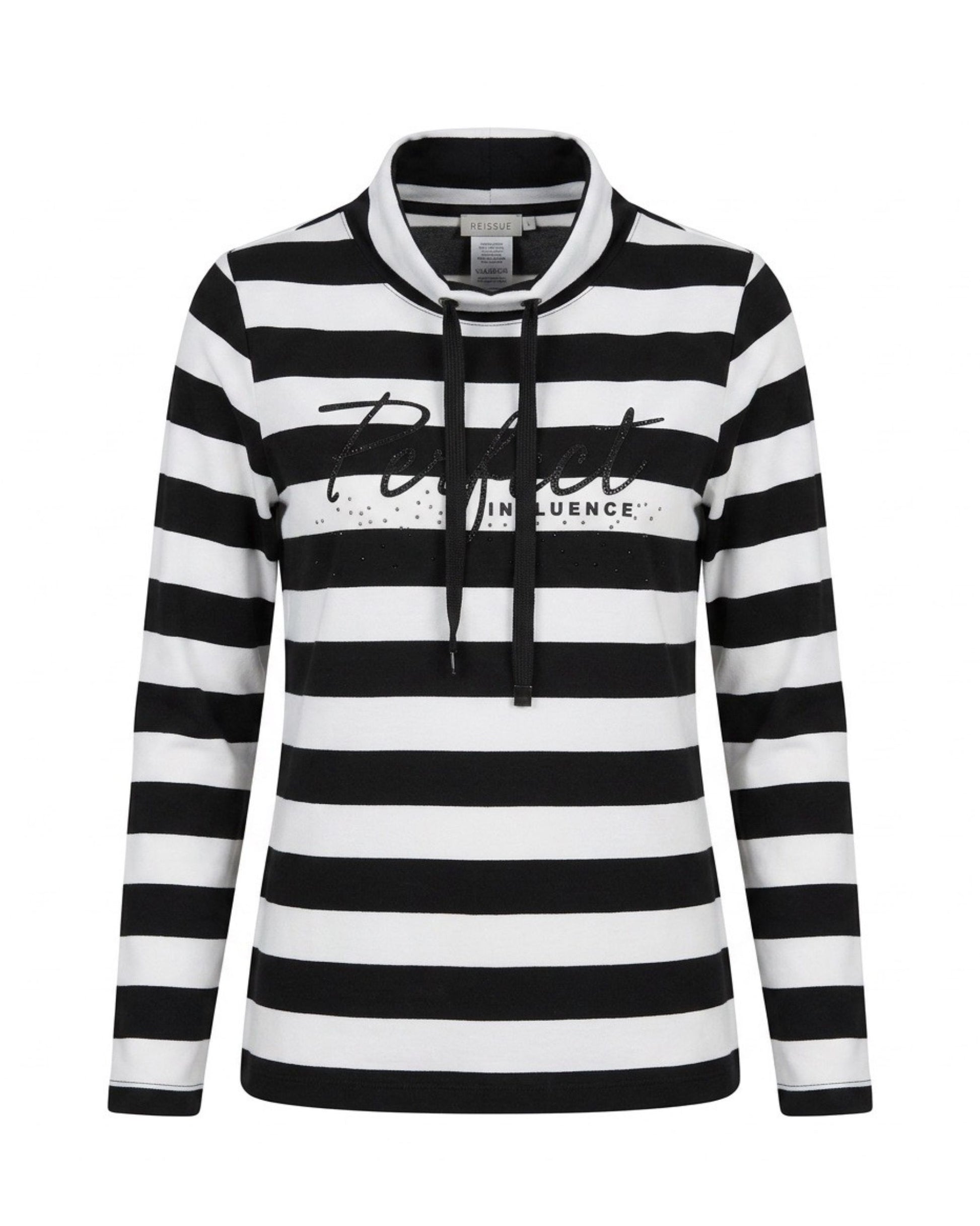 Gabrielle K. shirt met zwart-off-white streepdessin, turtleneck, glitterveterkoord en tekstprint, verkrijgbaar bij Marijke Mode.