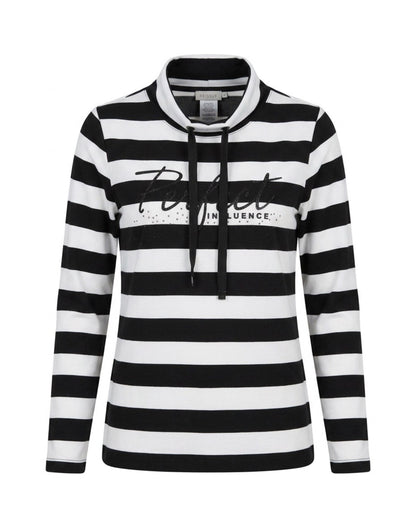 Gabrielle K. shirt met zwart-off-white streepdessin, turtleneck, glitterveterkoord en tekstprint, verkrijgbaar bij Marijke Mode.