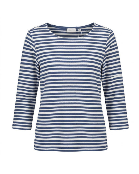 Gabriella K. gestreept T-shirt in rafblauw en wit met ronde hals en driekwart mouwen, verkrijgbaar bij Marijke Mode.
