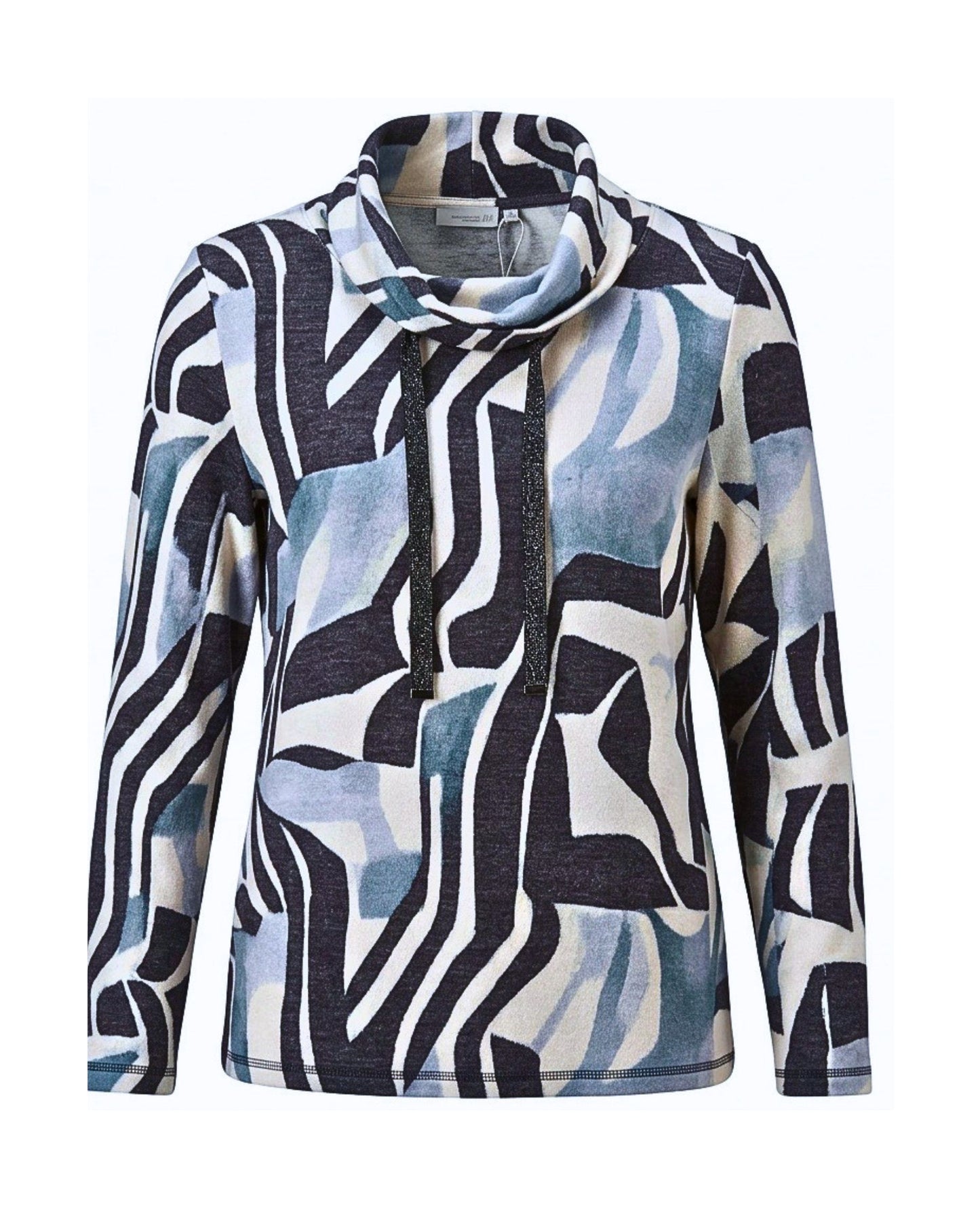 Gabrielle K. zachte sweater met hangcol en subtiel glitterend sierkoord, verkrijgbaar in roomwit, rafblauw en antracietgrijs bij Marijke Mode.