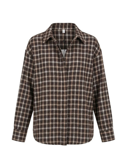 Geruite flanellen blouse met subtiele glitter, knoopsluiting en oprolbare mouwen, one size.