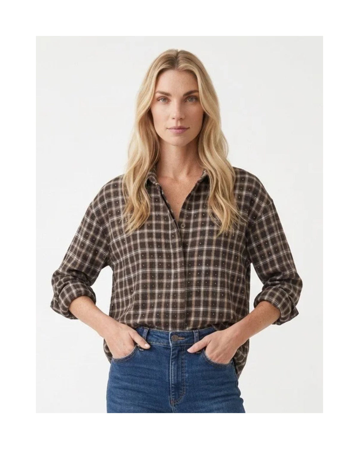 Geruite flanellen blouse met subtiele glitter, knoopsluiting en oprolbare mouwen, one size.