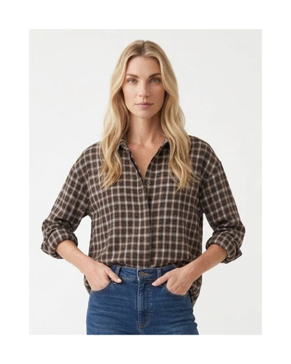 Geruite flanellen blouse met subtiele glitter, knoopsluiting en oprolbare mouwen, one size.