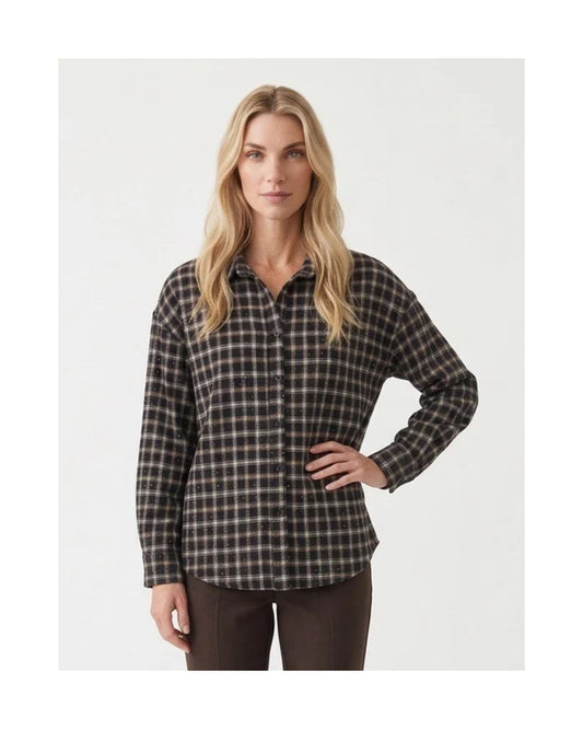 Geruite flanellen blouse met subtiele glitter, knoopsluiting en oprolbare mouwen, one size.