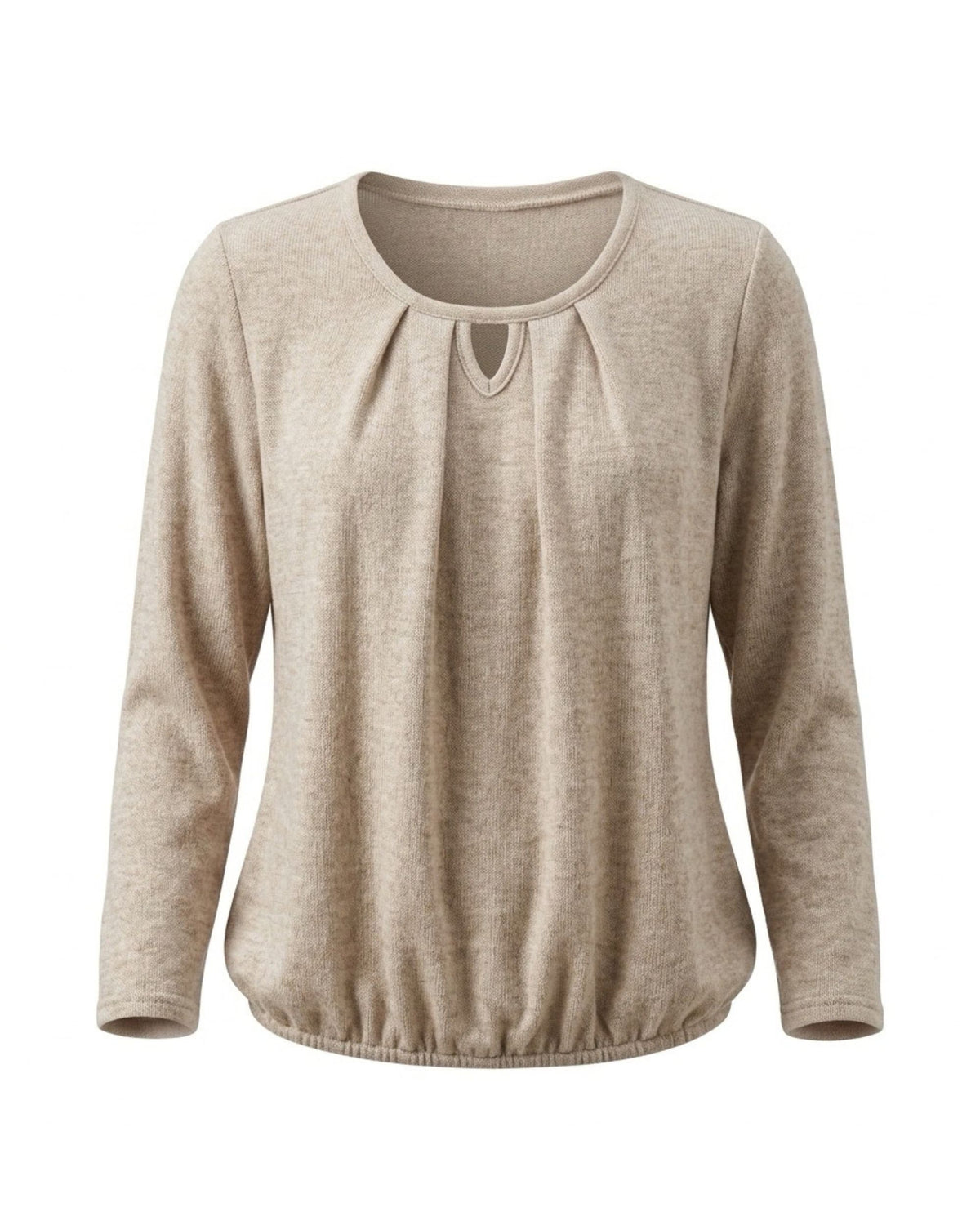 Blousonshirt in warme kwaliteit met lange mouwen, ronde hals met O-detail en elastiek aan de onderkant, verkrijgbaar bij Marijke Mode.