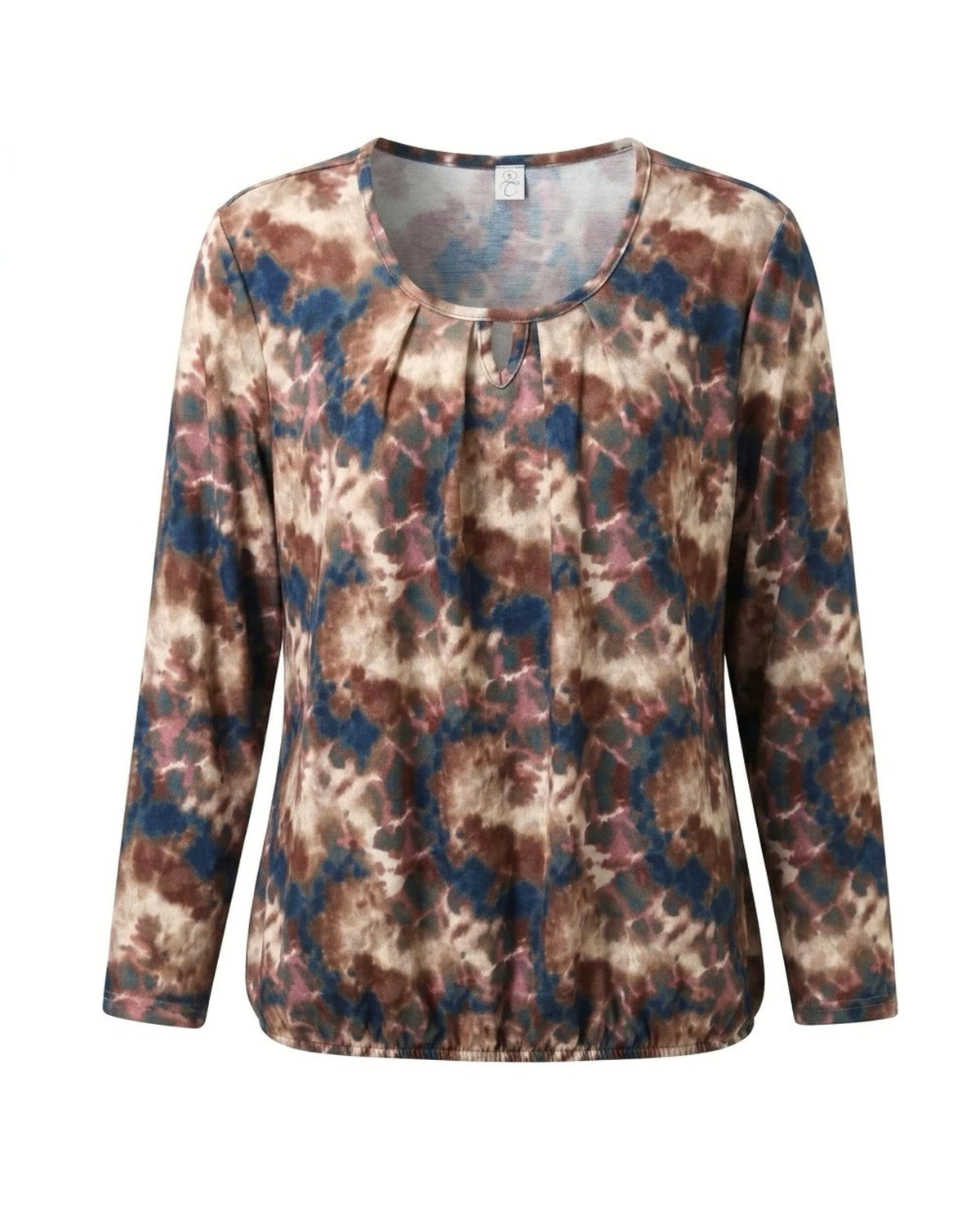 Blousonshirt in warme kwaliteit met lange mouwen, ronde hals met O-detail en elastiek aan de onderkant, verkrijgbaar bij Marijke Mode.