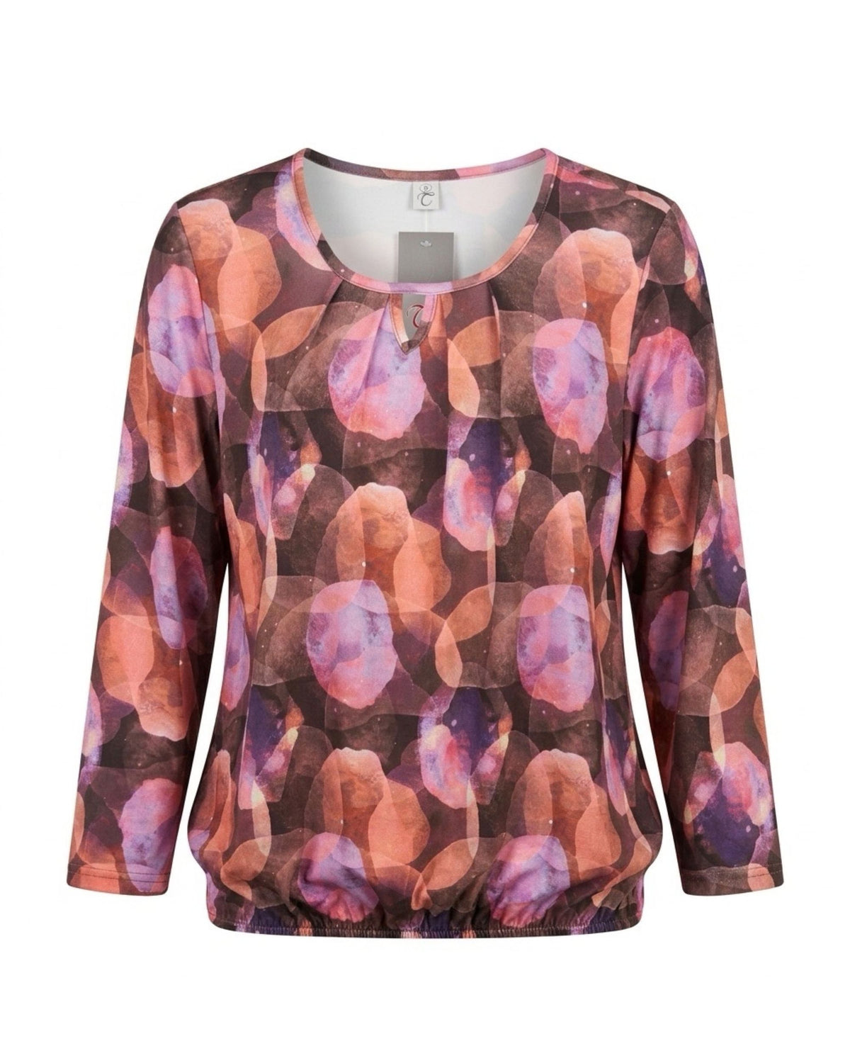 Blousonshirt in warme kwaliteit met lange mouwen, ronde hals met O-detail en elastiek aan de onderkant, verkrijgbaar bij Marijke Mode.