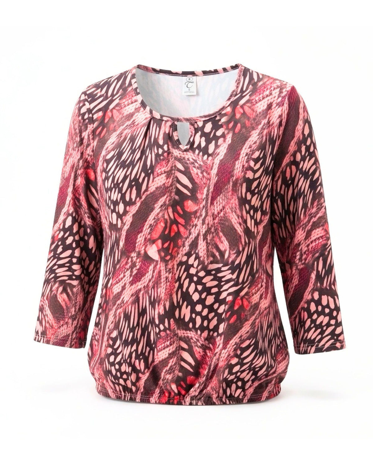 Blousonshirt in warme kwaliteit met lange mouwen, ronde hals met O-detail en elastiek aan de onderkant, verkrijgbaar bij Marijke Mode.