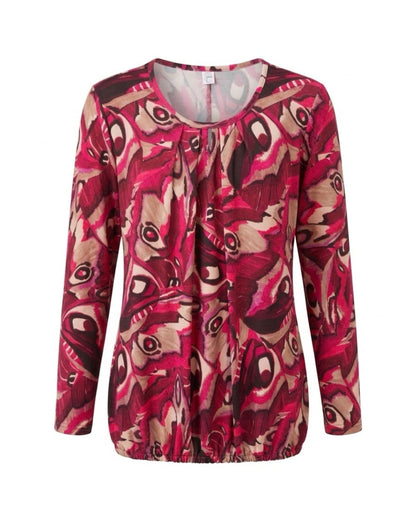 Blousonshirt in warme kwaliteit met lange mouwen, ronde hals met O-detail en elastiek aan de onderkant, verkrijgbaar bij Marijke Mode.