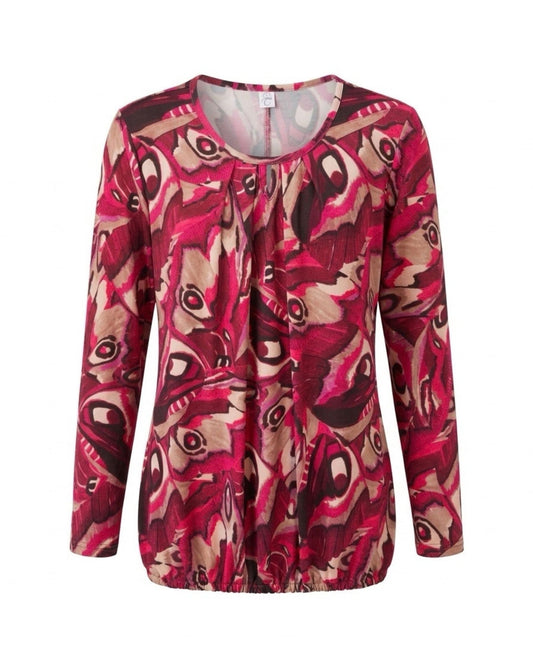 Blousonshirt in warme kwaliteit met lange mouwen, ronde hals met O-detail en elastiek aan de onderkant, verkrijgbaar bij Marijke Mode.