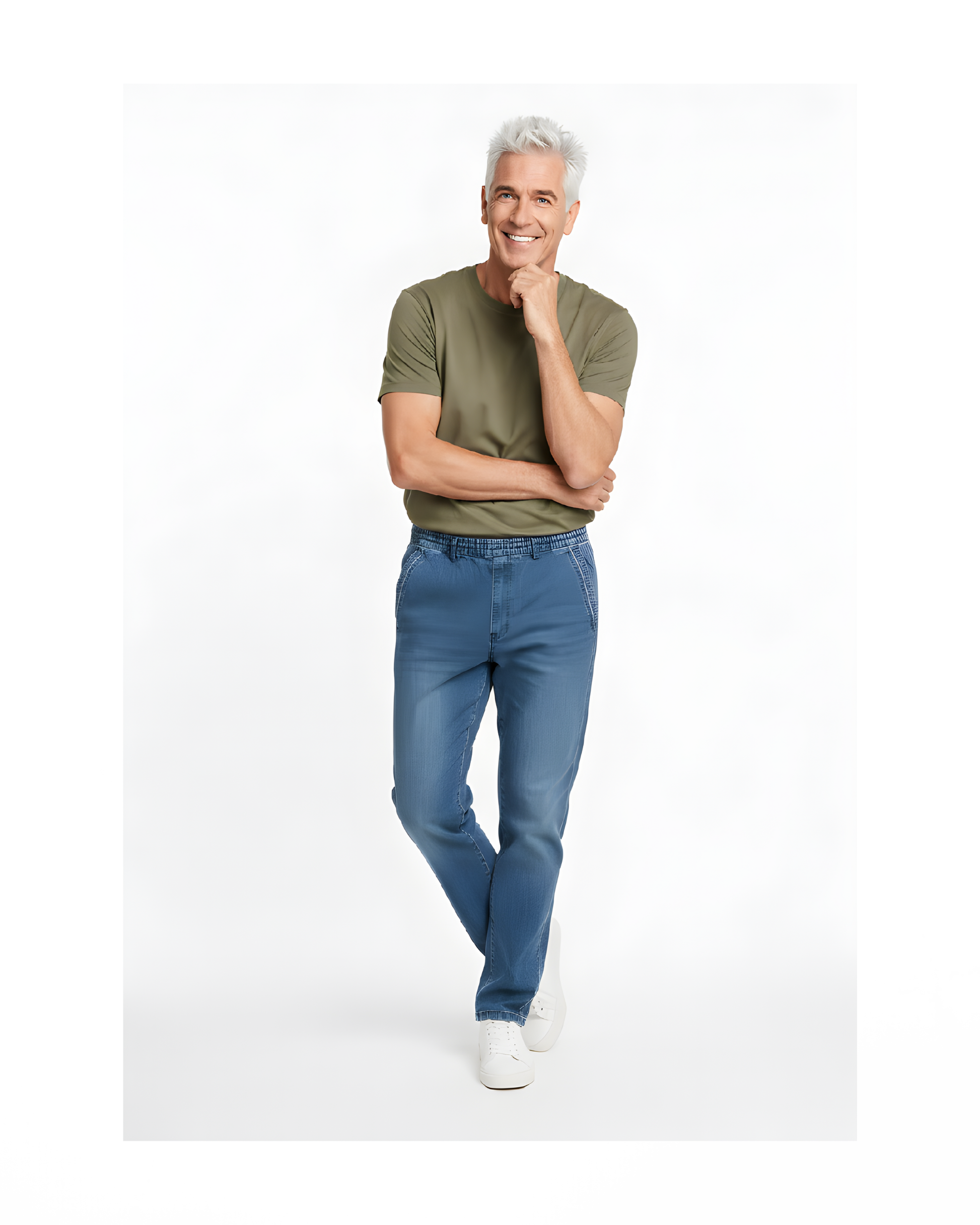 Comfortabele herenjeans met elastische band en trekkoord uit de nieuwe collectie – verkocht door Marijke Mode