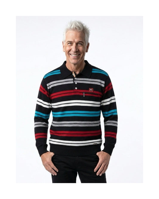 Gestreepte heren pullover met polokraag, knopen en borstzakje, verkrijgbaar bij Marijke Mode.