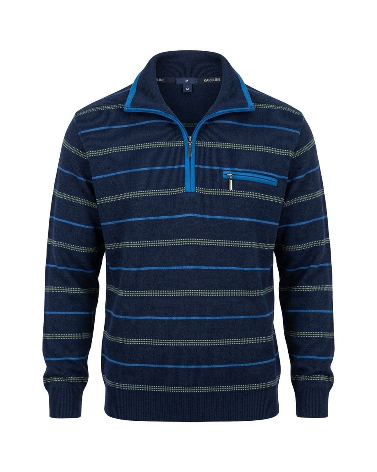 Gestreepte heren pullover met polokraag, knopen en borstzakje, verkrijgbaar bij Marijke Mode.