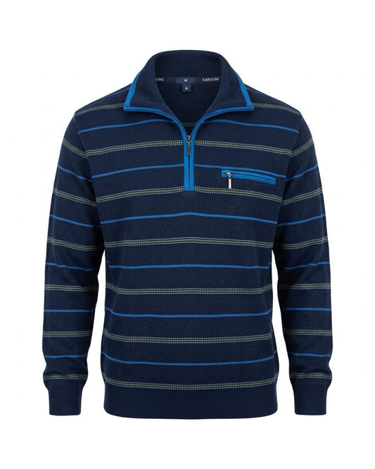 Gestreepte heren pullover met polokraag, knopen en borstzakje, verkrijgbaar bij Marijke Mode.