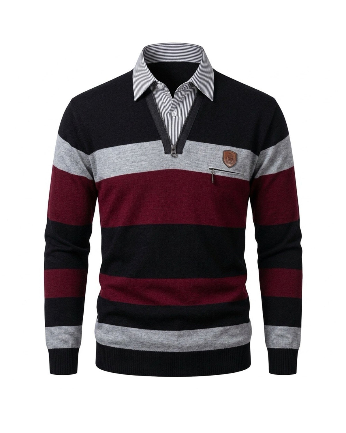Gestreepte heren pullover met vaste blousekraag en borstzakje met rits, verkrijgbaar bij Marijke Mode.