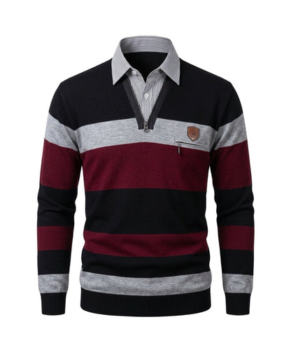 Gestreepte heren pullover met vaste blousekraag en borstzakje met rits, verkrijgbaar bij Marijke Mode.