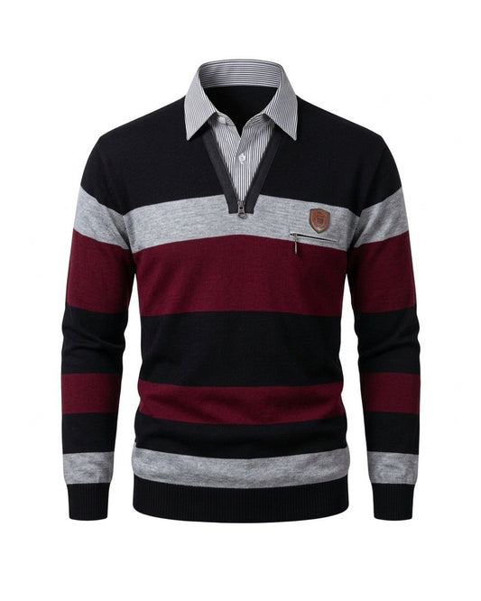 Gestreepte heren pullover met vaste blousekraag en borstzakje met rits, verkrijgbaar bij Marijke Mode.