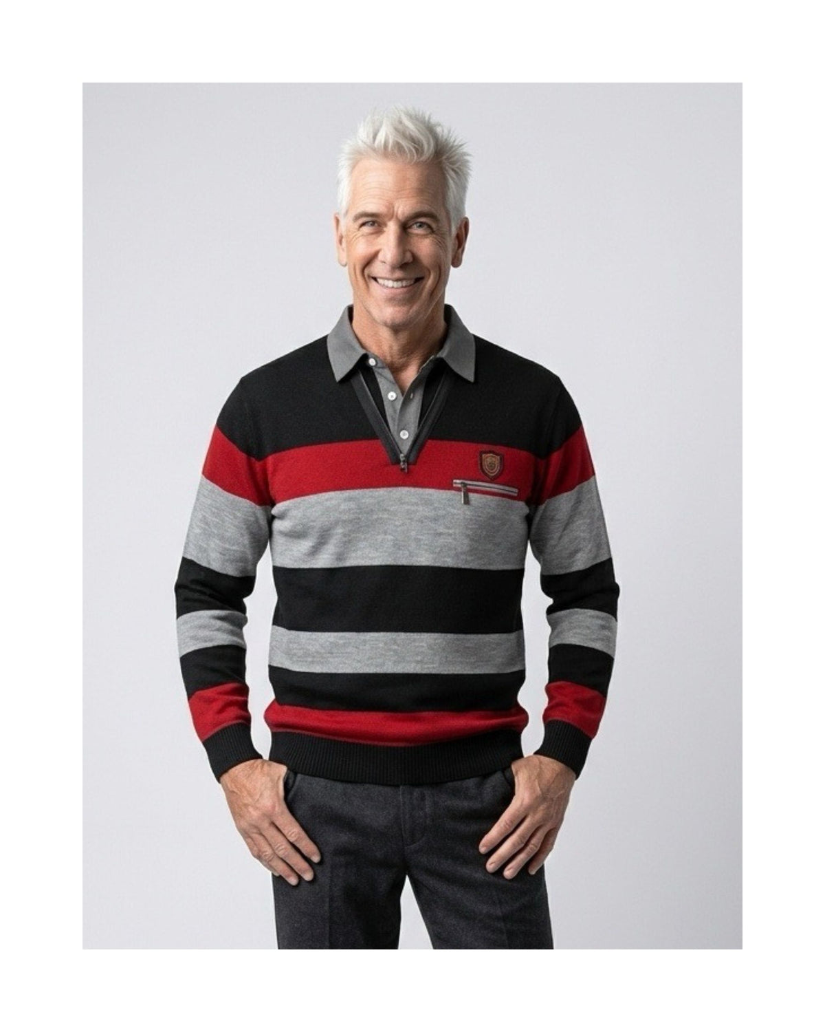 Gestreepte heren pullover met vaste blousekraag en borstzakje met rits, verkrijgbaar bij Marijke Mode.