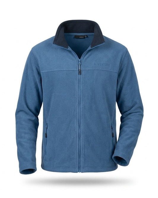 Blauw MXO heren fleecevest met ritssluiting, donkerblauwe binnenkraag en ritszakken, verkrijgbaar bij Marijke Mode