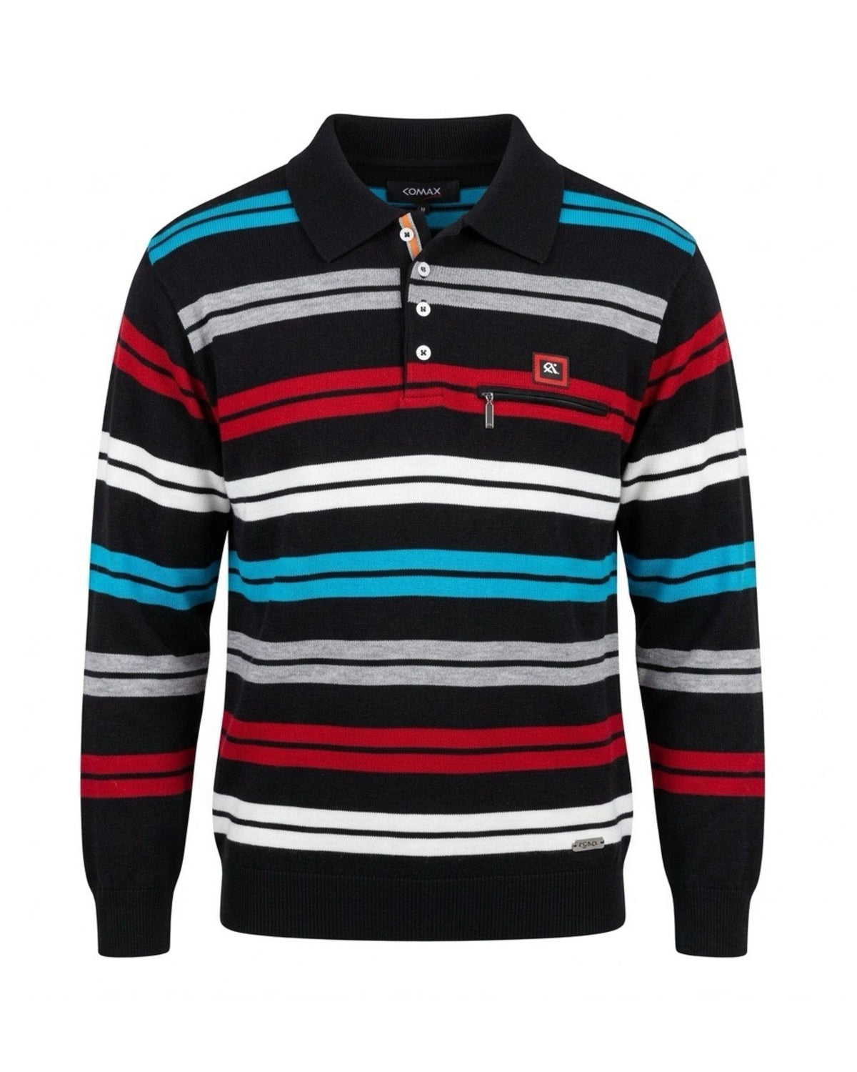 Gestreepte heren pullover met polokraag, knopen en borstzakje, verkrijgbaar bij Marijke Mode. 