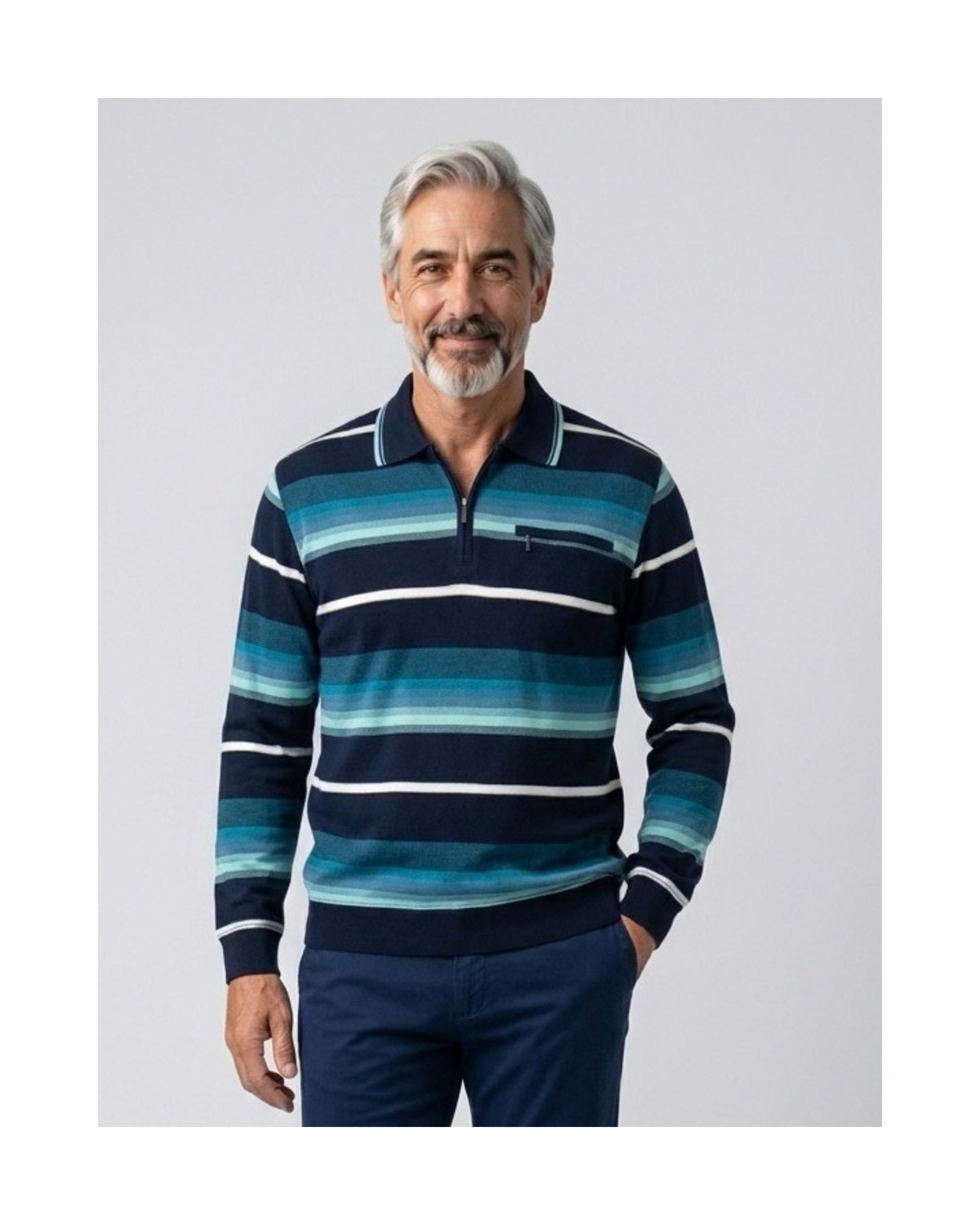 Heren pullover met polokraag en ritssluiting, verkrijgbaar bij Marijke Mode.