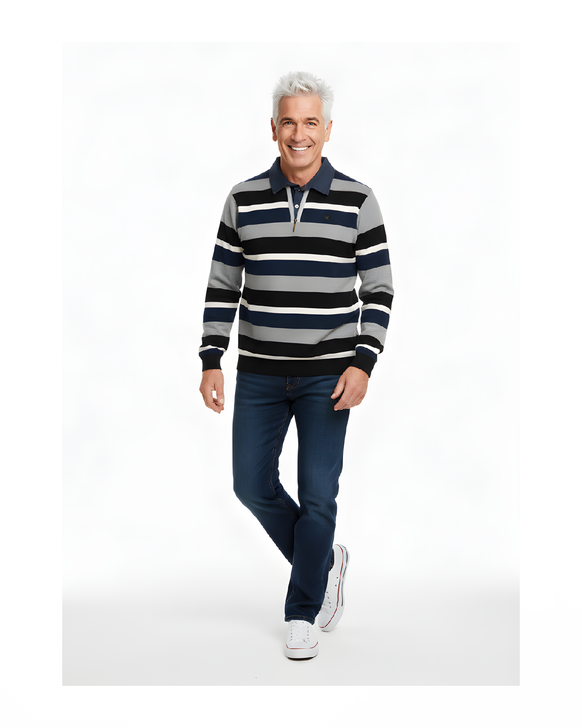 Herentrui met polokraag en denimlook kraag uit de nieuwe collectie – verkocht door Marijke Mode