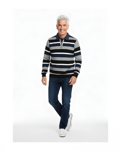 Herentrui met polokraag en denimlook kraag uit de nieuwe collectie – verkocht door Marijke Mode