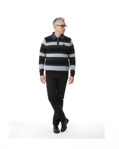 Herentrui met polokraag en denimlook kraag uit de nieuwe collectie – verkocht door Marijke Mode