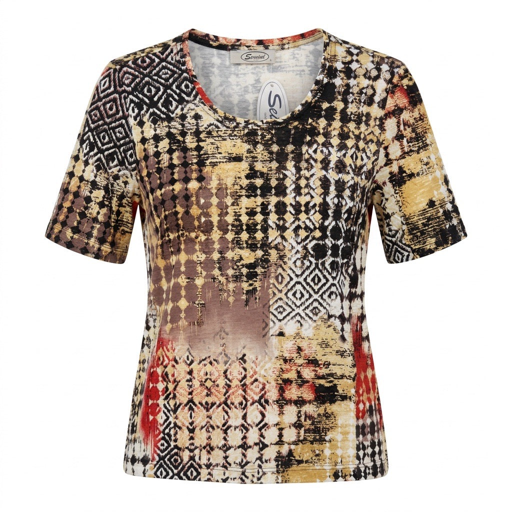   Sensia Fashion twinset met shirt en vest in bruin-beige dessin, verkrijgbaar bij Marijke Mode.