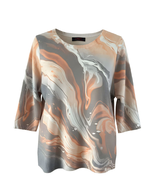 Zachte Liam trui met driekwart mouwen en ronde hals in lieve voorjaarskleuren. Comfortabel en licht voor elke dag. Nu bij Marijke Mode.