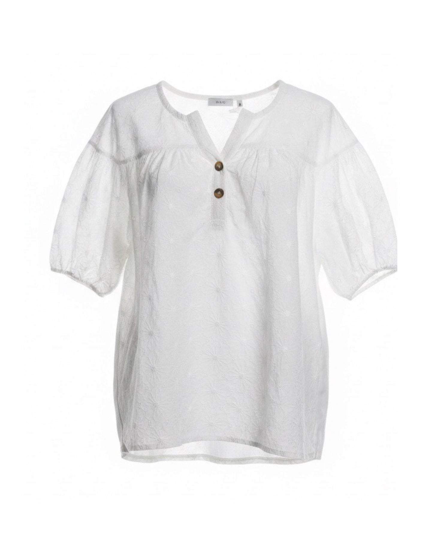 MXO wit tuniekje van katoen met broderie, ronde hals en korte pofmouwen bij marijke mode