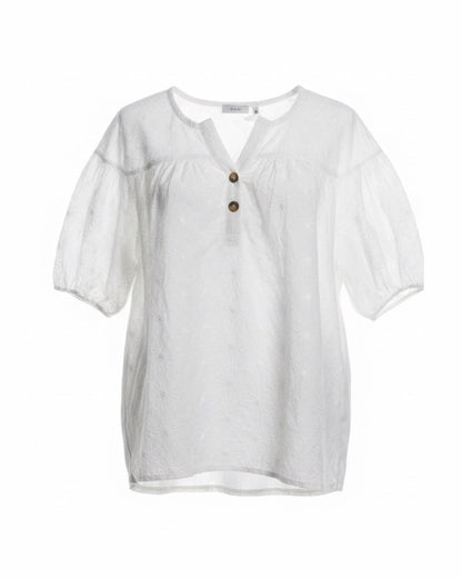 MXO wit tuniekje van katoen met broderie, ronde hals en korte pofmouwen bij marijke mode