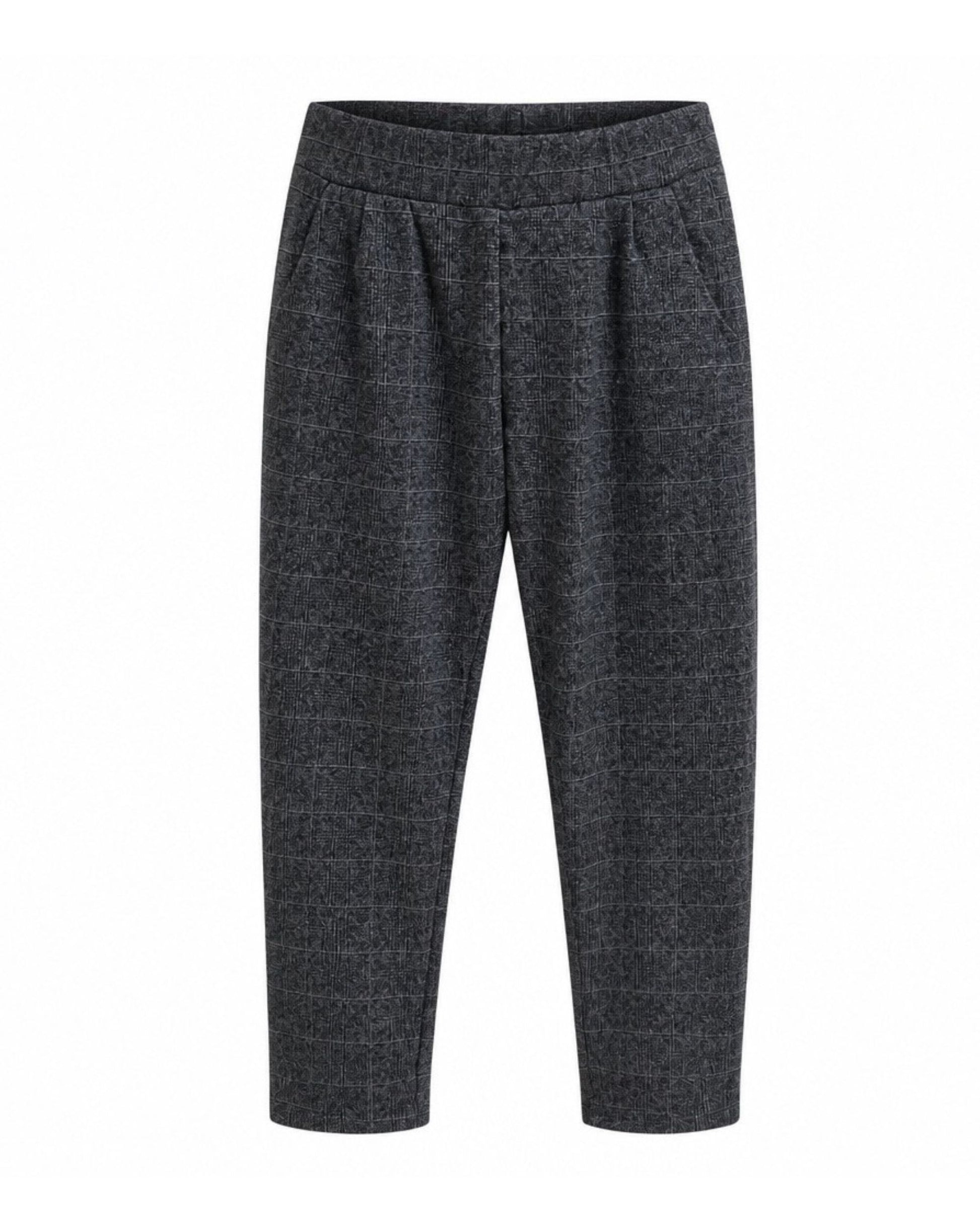 MXO dames instapbroek met print, brede elastische tailleband, steekzakken en normale lengtemaat, verkrijgbaar bij Marijke Mode
