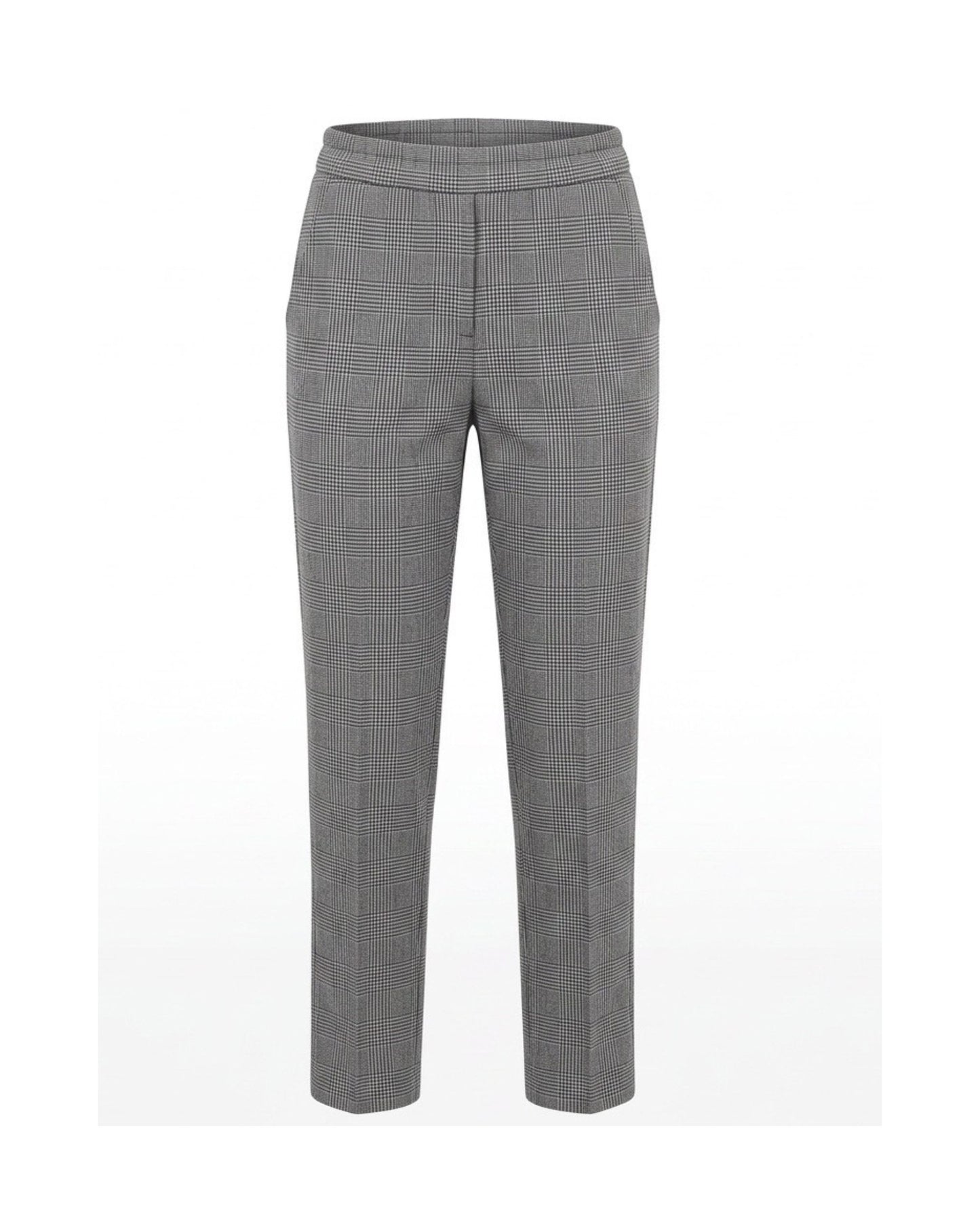 MXO dames instapbroek met print, brede elastische tailleband, steekzakken en normale lengtemaat, verkrijgbaar bij Marijke Mode.