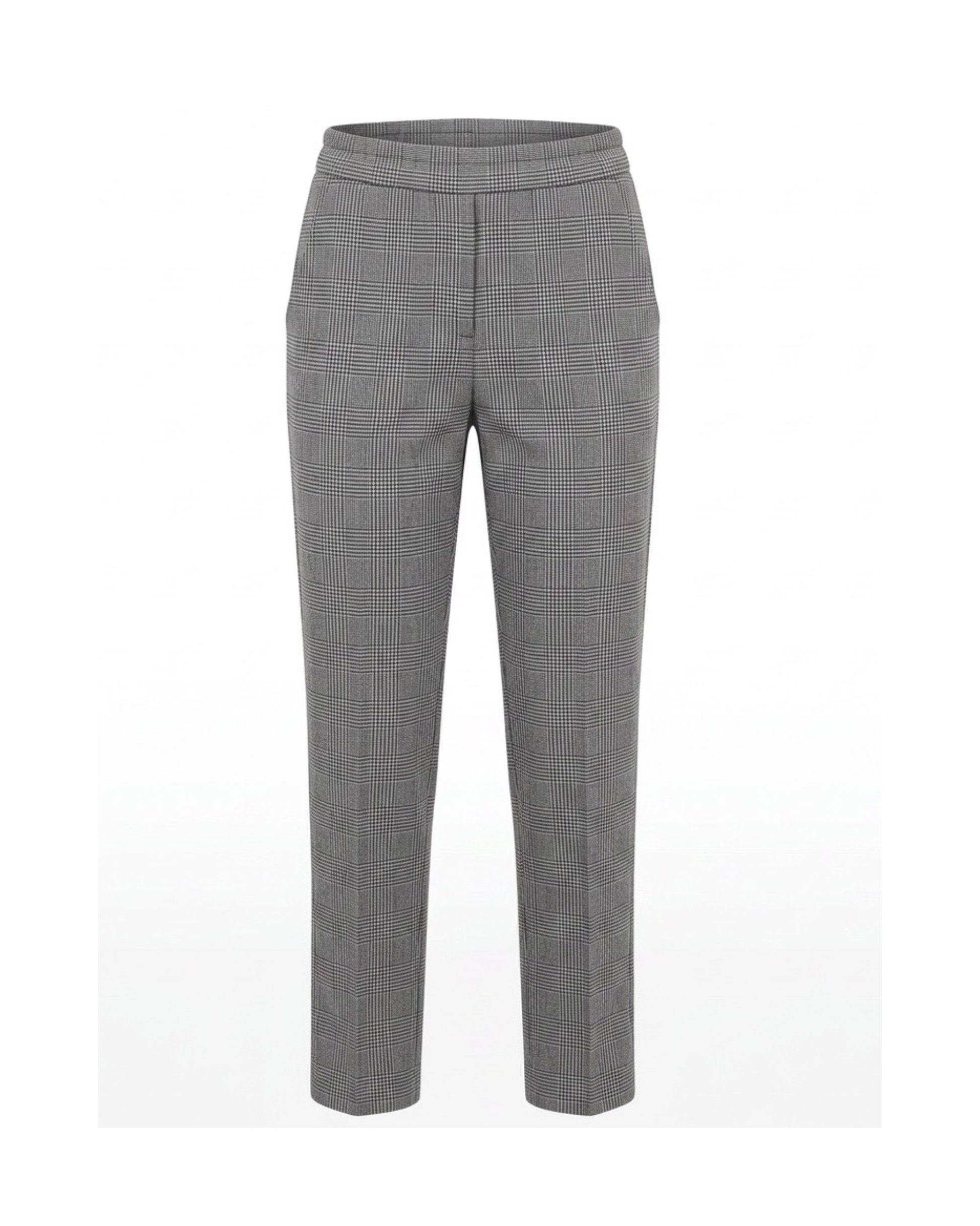 MXO dames instapbroek met print, brede elastische tailleband, steekzakken en normale lengtemaat, verkrijgbaar bij Marijke Mode.