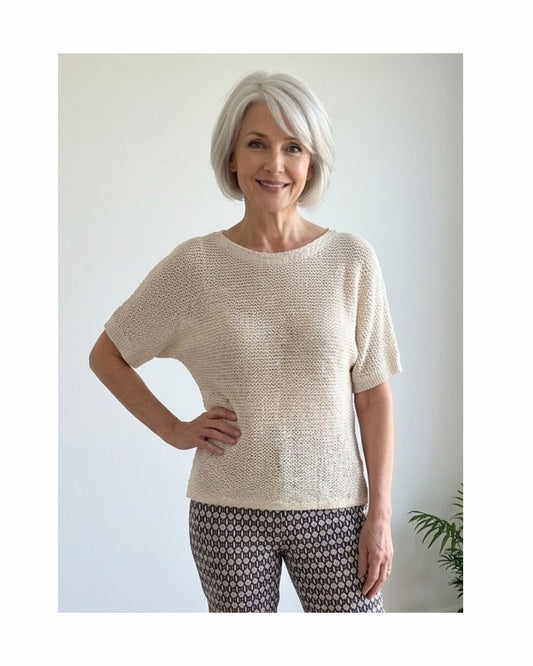 MXO Gehaakt Shirt Boothals Korte Mouw Beige